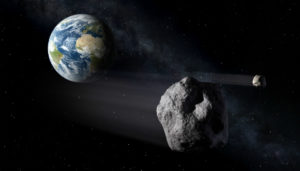 Illustration of asteroids passing Earth