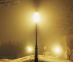 Bright street light at night in winter