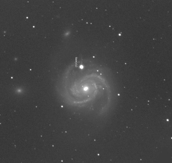 M100 photo, with Ceres dot imposed for 10 pm March 26 EDT