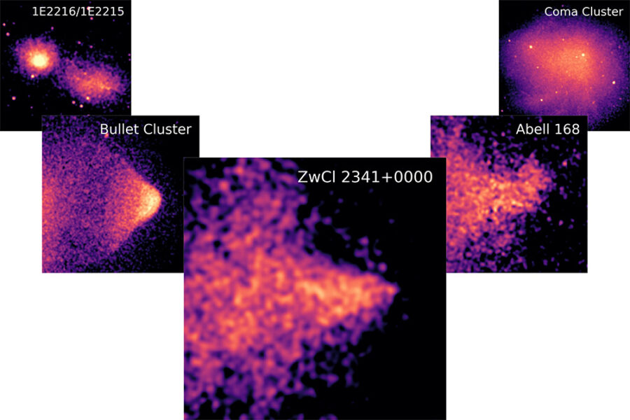 Five cluster collisions show how the shapes evolve from bullet to cone to curled tongue