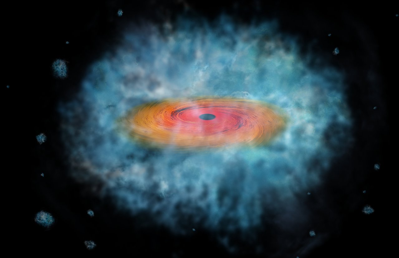 Disk of gas surrounded by gas cloud, with black hole in the middle