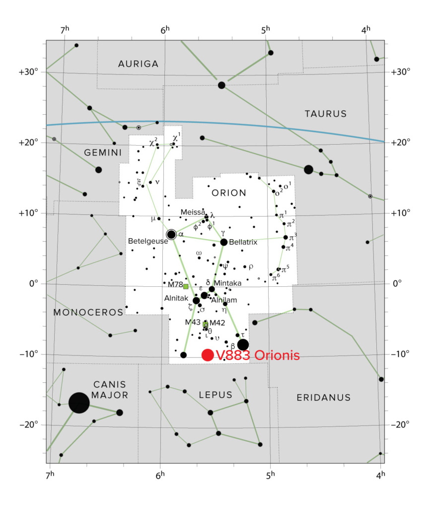 Star map showing V883 Ori's location at the bottom of Orion