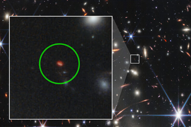 Zoom ins on massive galaxy cluster show tiny red dots, distant galaxies that resemble nearby 