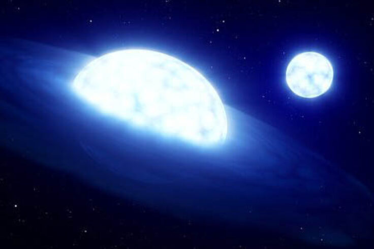 big, bright, bluish star surrounded by a disk and near a second big, bright bluish star