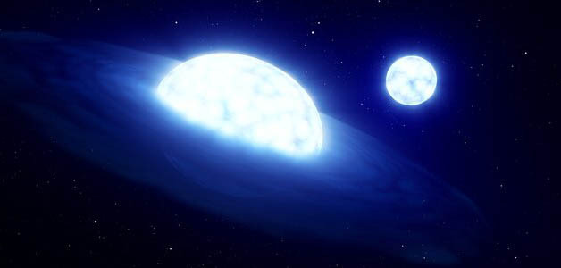 big, bright, bluish star surrounded by a disk and near a second big, bright bluish star