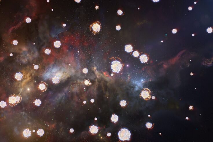 stylized atoms sprayed over a field of black