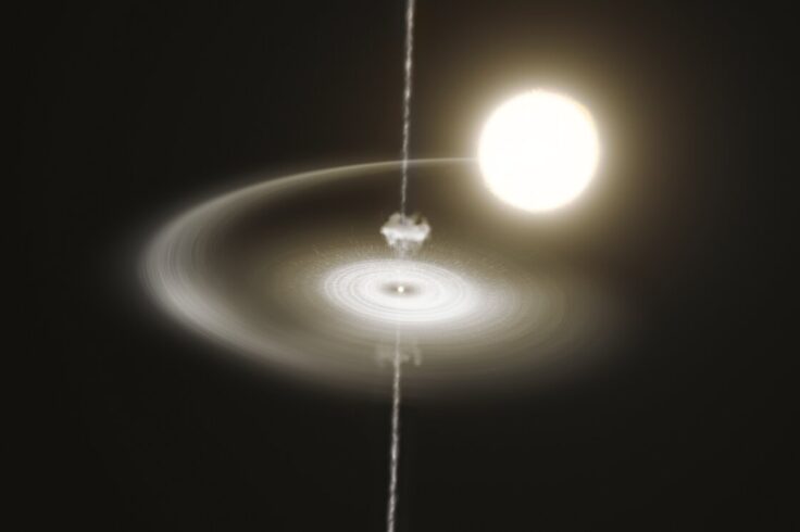 central pulsar encased in disk, pulsar emits narrow jet out of its poles. In background is a larger but less massive companion star