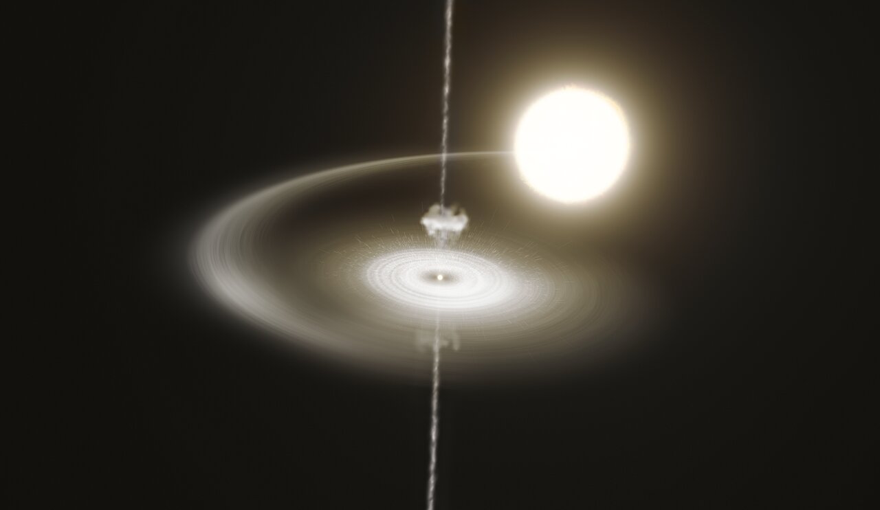central pulsar encased in disk, pulsar emits narrow jet out of its poles. In background is a larger but less massive companion star
