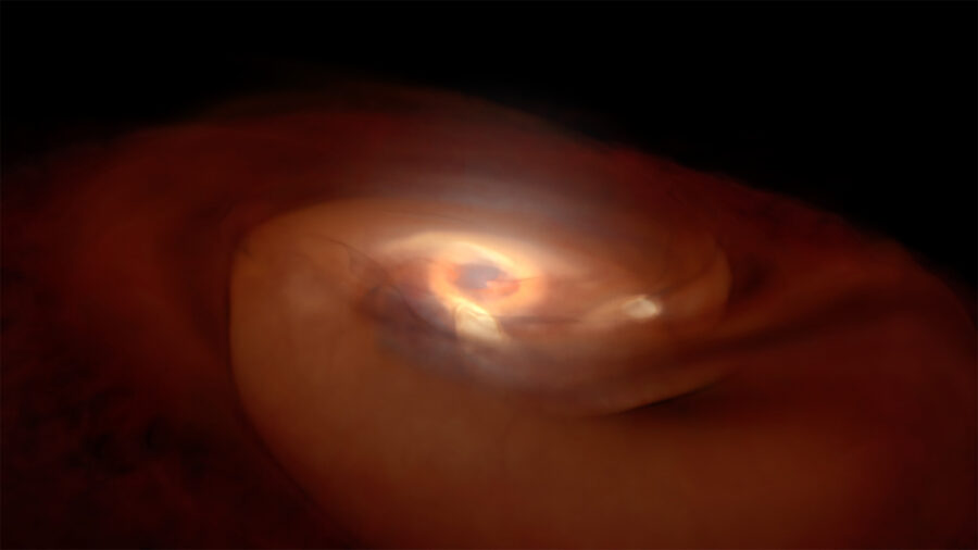 A visualization of a protostar embedded in a disk of gas and dust
