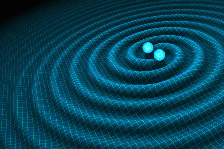 Artist’s impression of a binary neutron star and the gravitational waves the system emits.