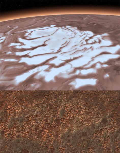 white polar caps on top of the red martian surface, atop an image of smectite clays