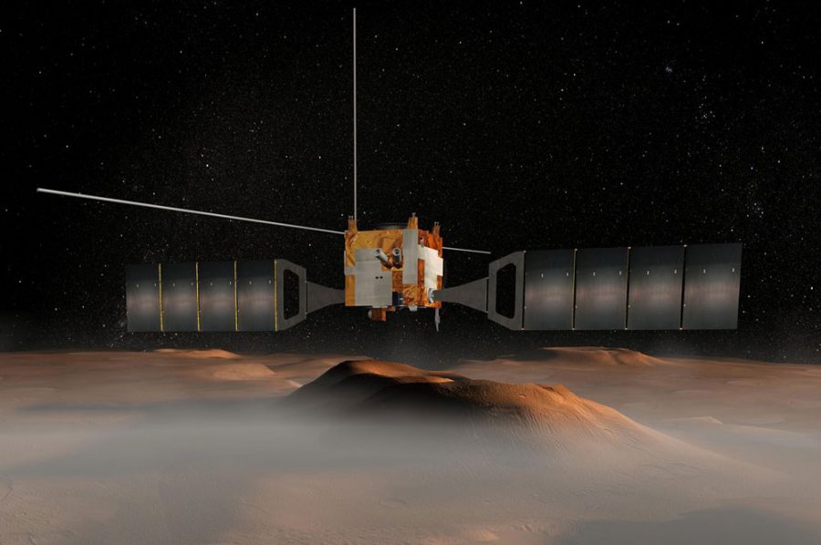 An illustration depicts the Mars Express orbiter over the martian surface