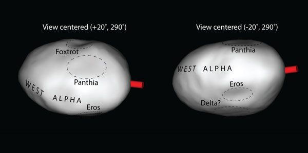 two models of Psyche from different perspectives, with depressions and surface features shown.