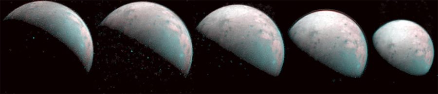five images of ganymede shown partially illuminated and in infared light