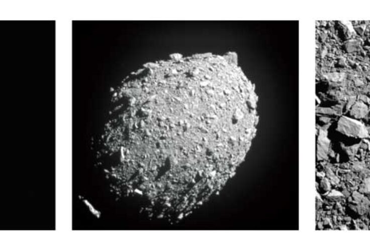 a trio of images: a grey rock in the lower left corner with a smaller grey rock in the middle against a black background, a large grey rock against a black background, and grey rocky ground