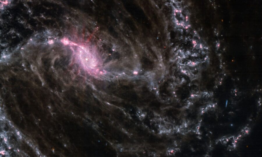 Image of center of galaxy NGC 1365 shows active black hole surrounded in pink 