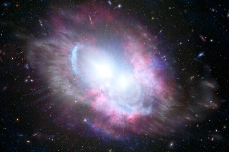 A pair of bright AGN couple at the center of two merged galaxies