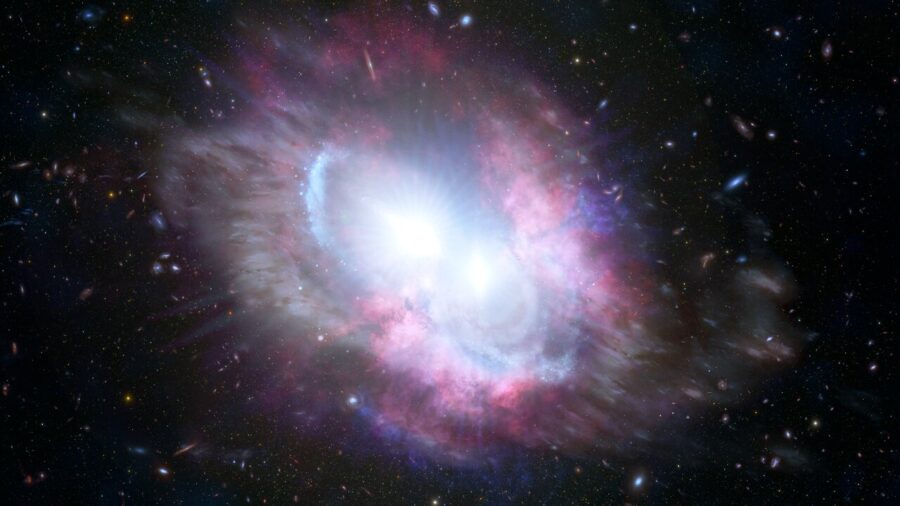 A pair of bright AGN couple at the center of two merged galaxies