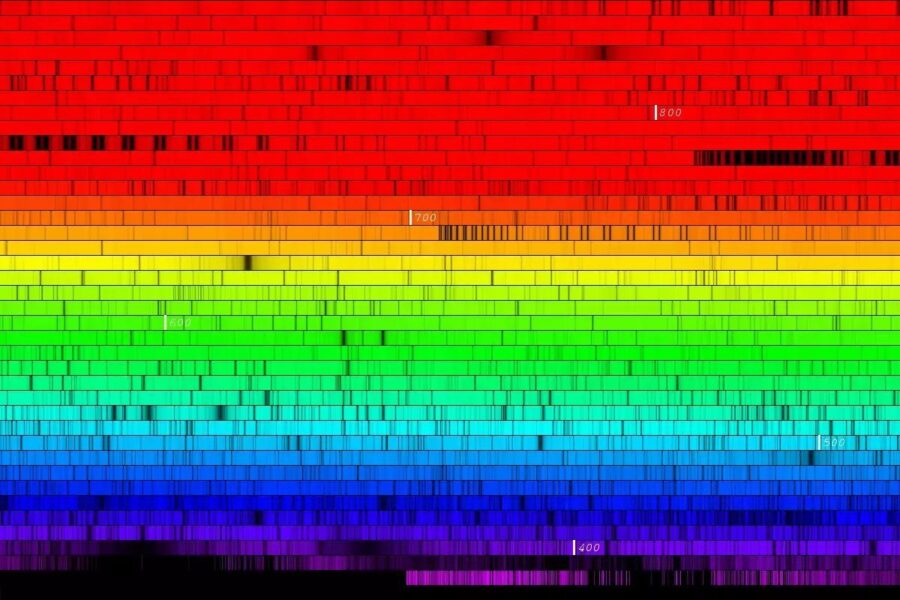 rainbow with black lines marking where different atoms have absorbed wavelengths of light