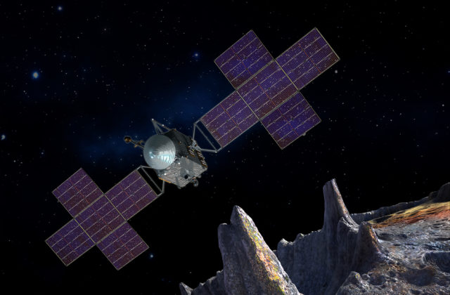 Psyche Mission art shows solar-paneled spacecraft soaring above bronze-coated asteroid with jagged mountains 