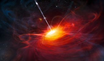 This artist’s impression shows how ULAS J1120+0641, a very distant quasar powered by a black hole with a mass two billion times that of the Sun, may have looked.