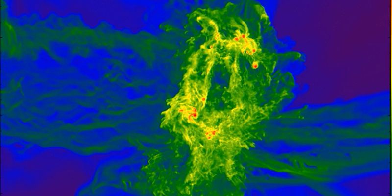 supercomputer simulation shows gas flows in multiple colors