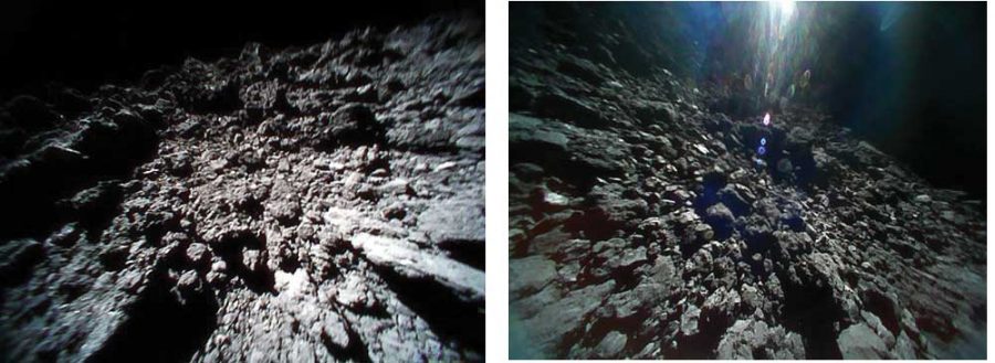 two side by side images of the bumpty surface of an asteroid resembling rocks, greyscale