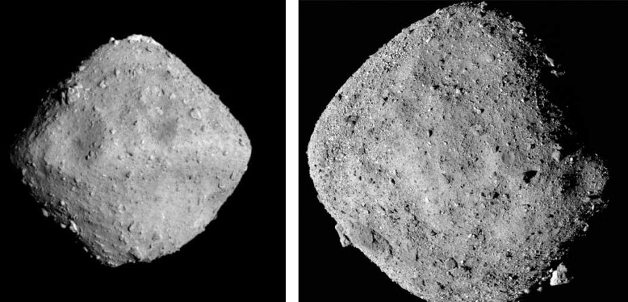 two asteroids shown side by side, grey, on a black background