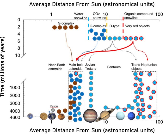 a chart of the solar system shows where the snow line are in relation to types of asteroids.