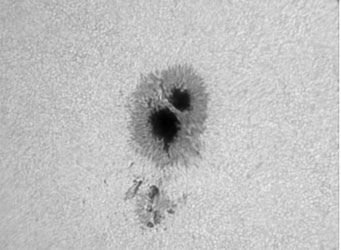 grayscale image of two small black sunspots 