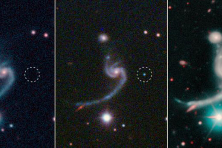 Three images show supernova in galactic outskirts brightening and then fading again