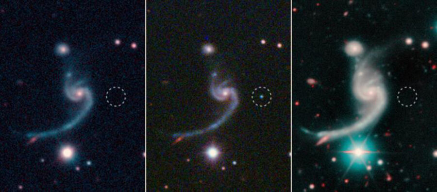 Three images show supernova in galactic outskirts brightening and then fading again