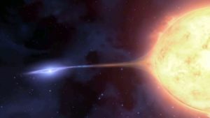 Illustration of white dwarf siphoning gas off a companion star
