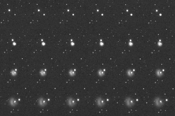 collection of still images showing a small white dot moving across a black background and dissolving into a plume of white dust