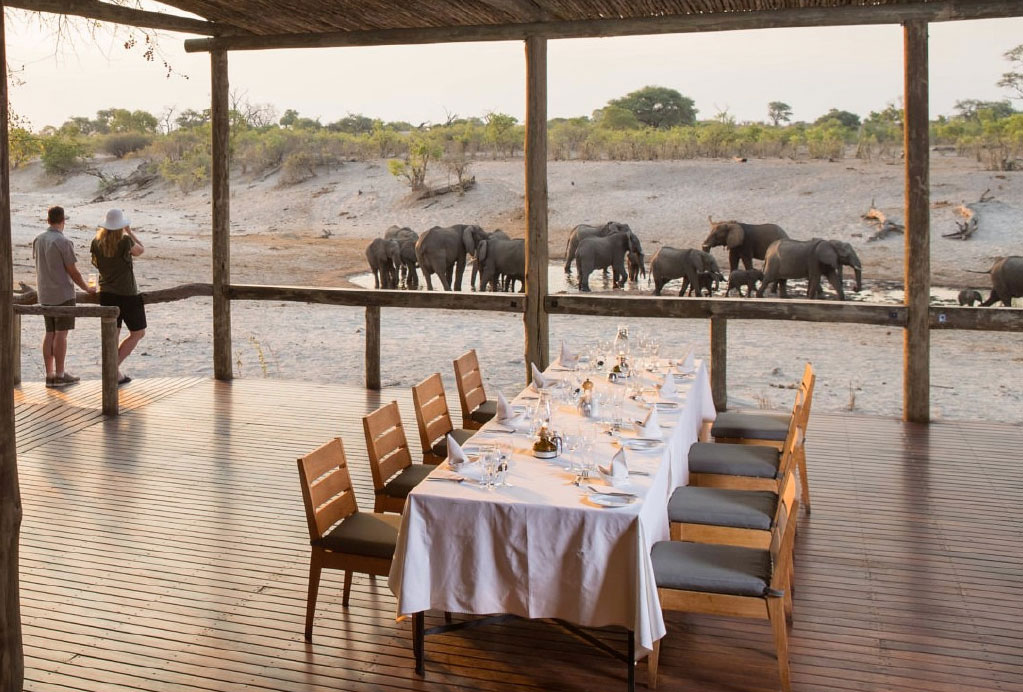 a table and chair on an open porch looking over many elephants in a water hole