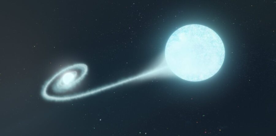 Small white dwarf at left pulls gas in a spiral pattern from a larger star at right